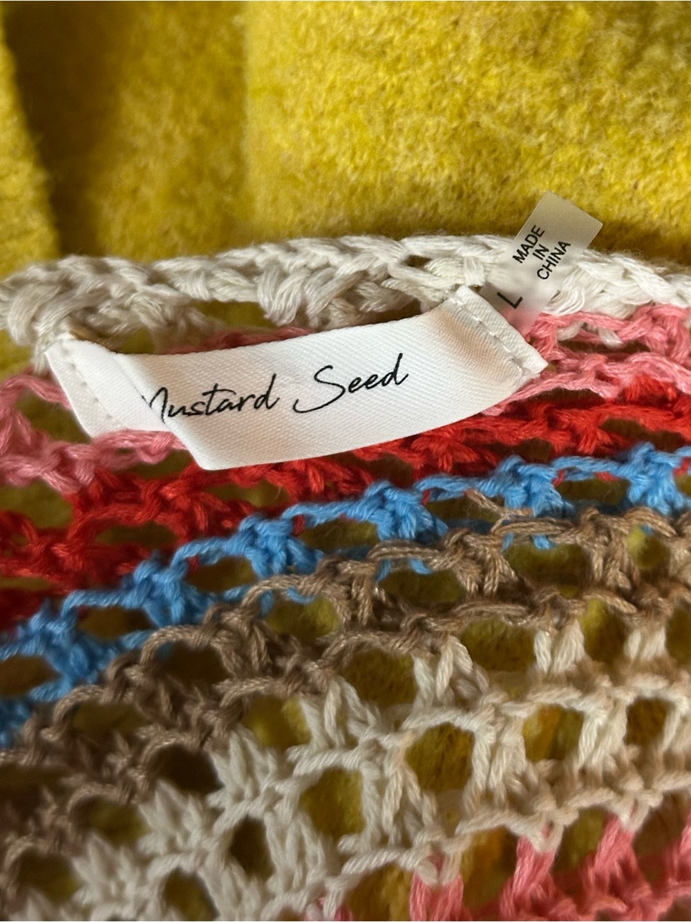 Mustard Seed Crochet Knit Cover Up Dress Bell Sleeve Beach Boho Tunic Size L - Picture 3 of 8